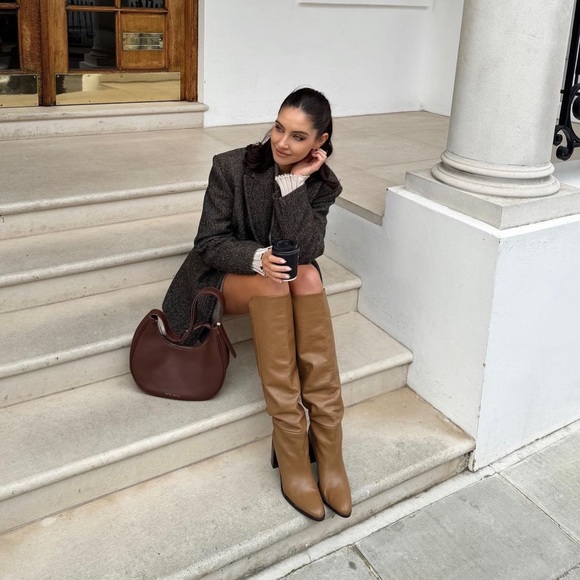 Zara Brown Heeled Knee High Leather Boots - Picture 9 of 17